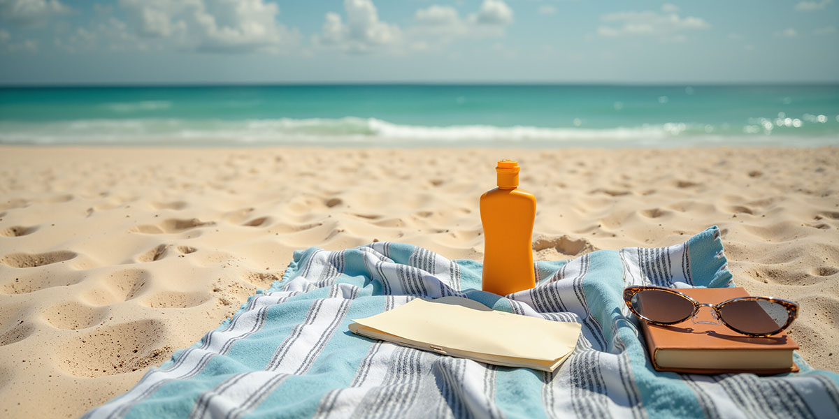 sunscreen, glasses, and a book on a beach towel 